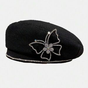 Black Beret with Rhinestone Butterfly – Elegant & Chic
